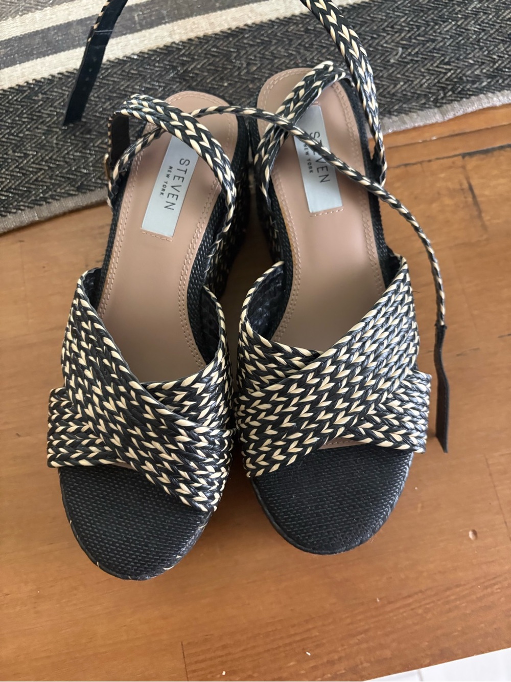 Steven by Steve Madden Black & Cream Braided Platform Sandals with Ankle Wrap